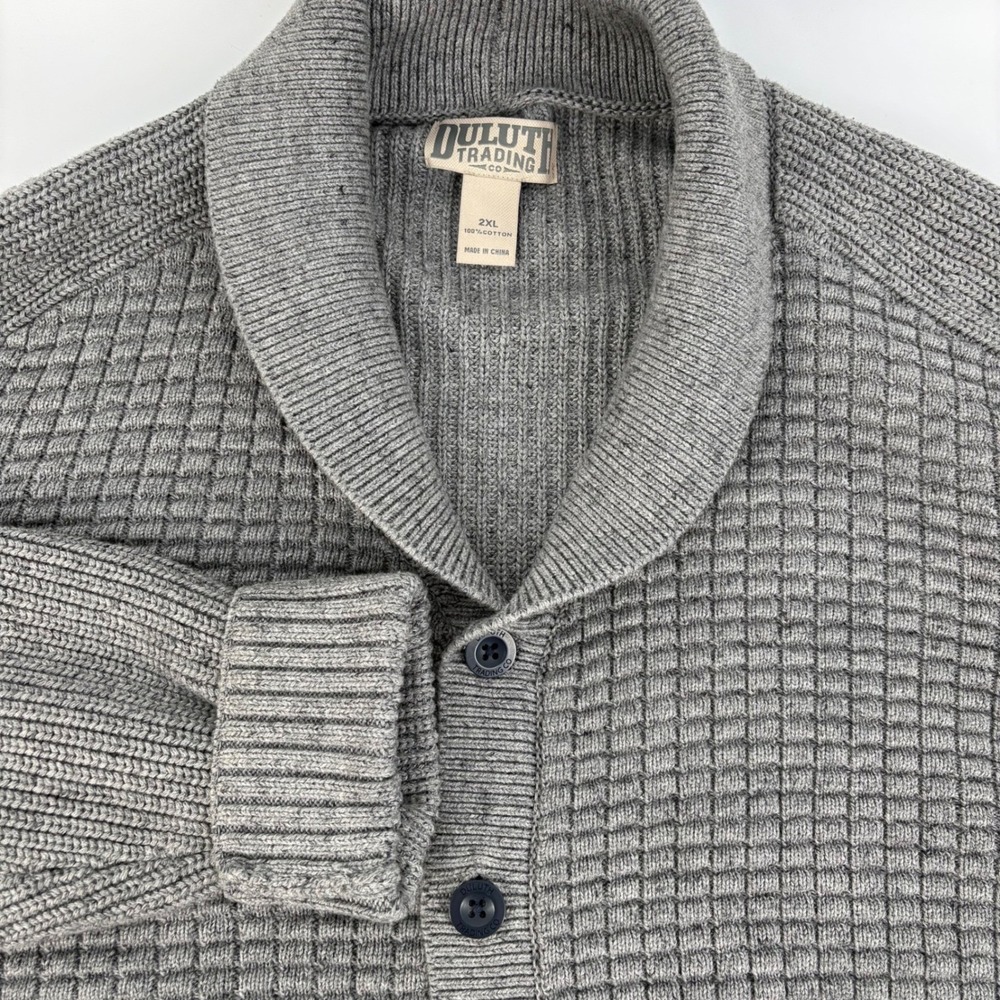 Duluth Trading Co Cardigan Sweater Mens 2XL Gray Shawl Collar Waffle Knit Cotton